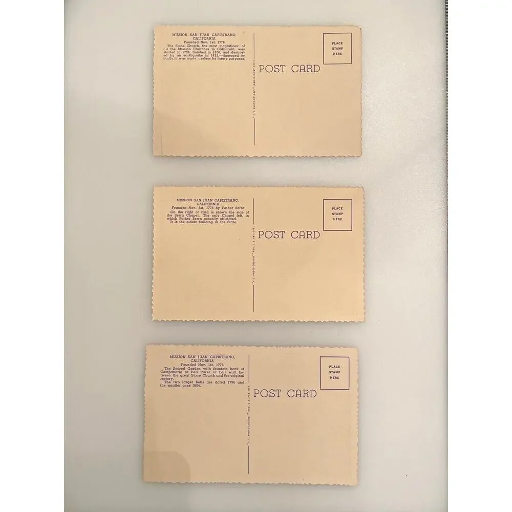 3 Vintage Postcards WWII Era 1940 CT Photo Colorit NOS San Juan Capistrano CA